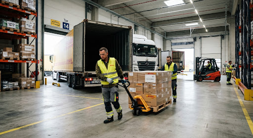 Mitarbeiter entladen Paletten von einem Lkw im Wareneingangsbereich eines Lagers.