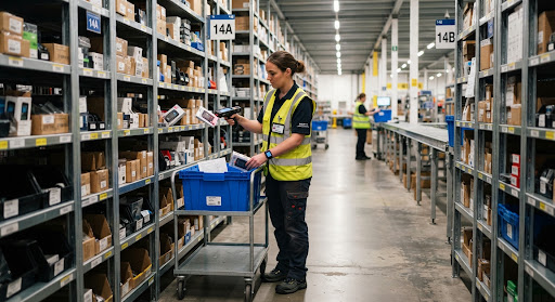 Mitarbeiter kommissioniert Ware in einem Lagerregal mithilfe eines Handscanners.