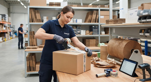 Mitarbeiter verpackt und verschließt einen Versandkarton an einem Packplatz.