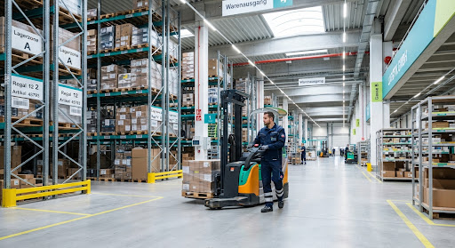 Blick in ein modernes, aufgeräumtes Logistiklager mit hohen Regalreihen.