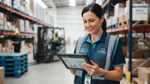 Vorarbeiter im Lager bespricht anhand eines Tablets die anstehenden Arbeitsschritte.